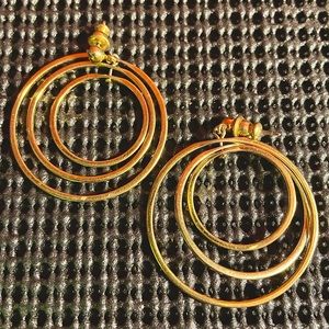 Women’s Gold Colored Bronze Round Earrings 1.5” Set Triple Ring Vintage